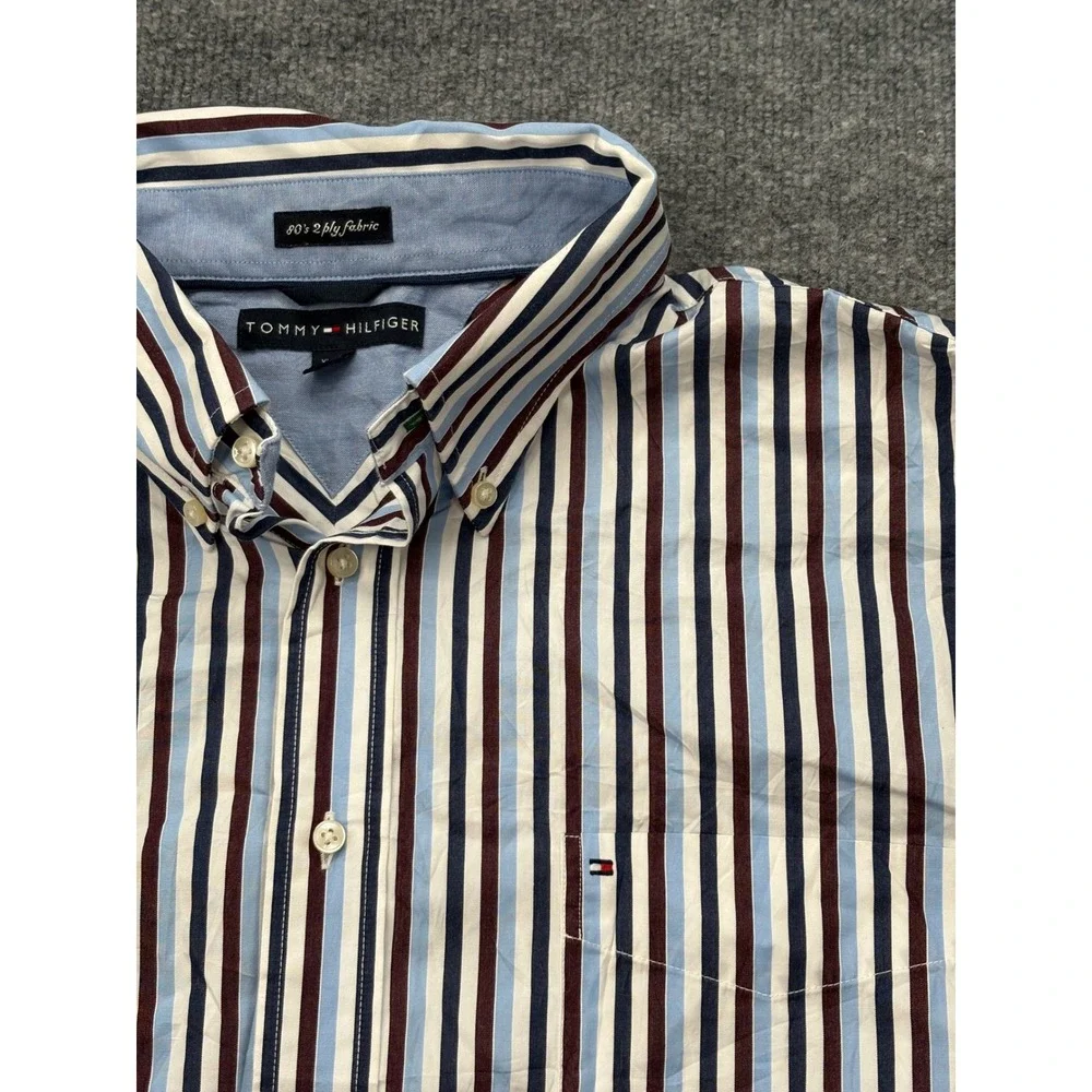 Tommy Hilfiger Men‎ XL Striped Button Down Shirt Blue Burgundy 80s 2-Ply Cotton